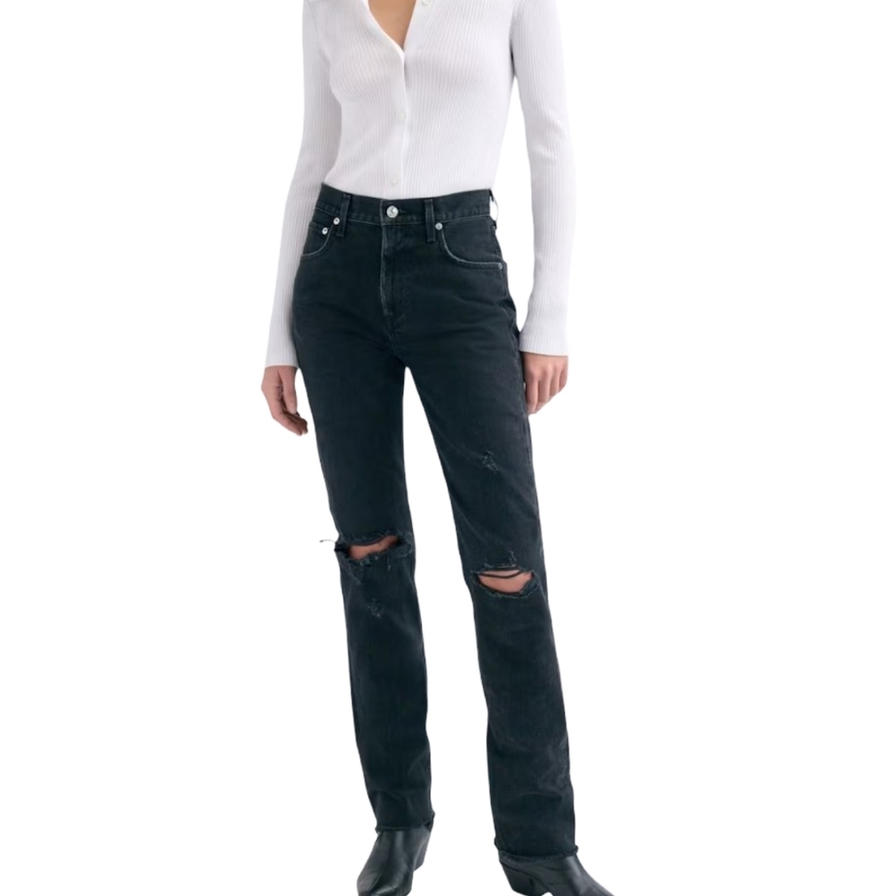 Agolde Cherie high rise straight leg jeans in black with distressed knee Size 23